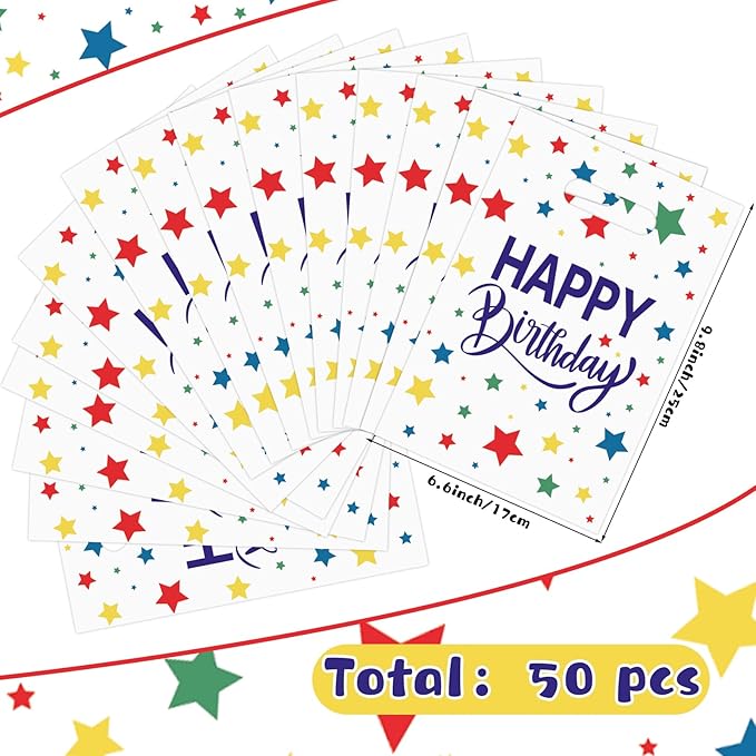 Hxezoc 50 Pieces Birthday Candy Bags Happy Birthday Goodie Bag Plastic Treat Bags Gift Wrap with Handles Favor Bags For Birthday Party Decoration Supplies (White)