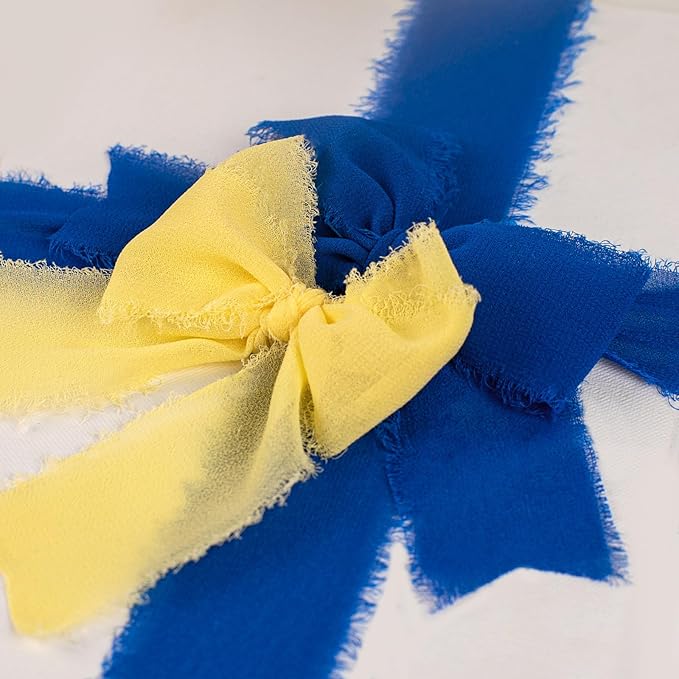 Chiffon Ribbon, Blue Yellow White Silk Ribbon, 1-1/2''x21Yd Handmade Frayed Fringe Ribbon for Wrapping, Floral Vase Decor, Graduation, Birthday, New Year Party Decoration, Shower, 3 Rolls