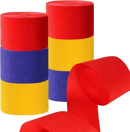 CC wonderland zone 6 Rolls Red, Blue and Yellow Crepe Paper Streamers for Birthday Party Decorations,82 feet Long 1.77 inch Wide
