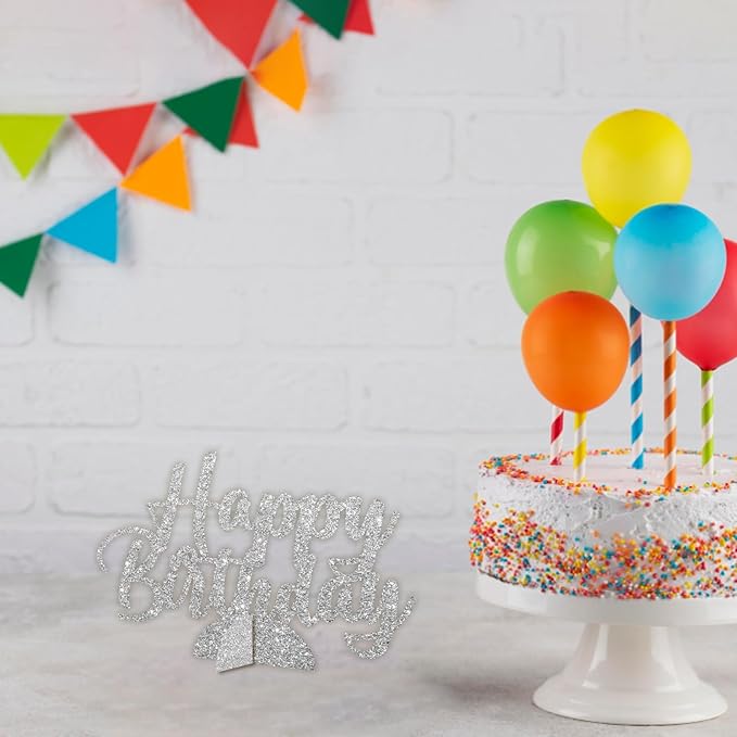 Happy Birthday Table Centerpiece, Silver Glitter Birthday Party Paper Free Standing for Women Men, HBD Script Table Centerpiece for Bday Party Supplies