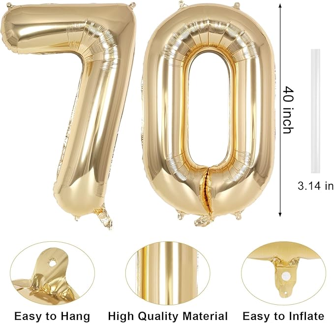 Champagne Gold Large Number 70 Balloon, 40 Inch Light Gold Foil Helium Number Balloons, Giant Mylar Number 70 Balloons for 70 Years Old Birthday Party Anniversary Decorations (Champagne Gold 70)