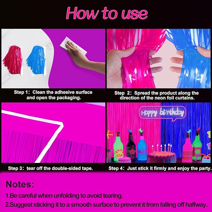 Glow in The Dark Party Supplies 2 Pack Neon Party Decorations Fluorescent Tinsel Foil Fringe Curtains Photo Booth Prop Backdrop Streamer Blacklight Decorations (Neon Hot Pink+Neon Light Blue)
