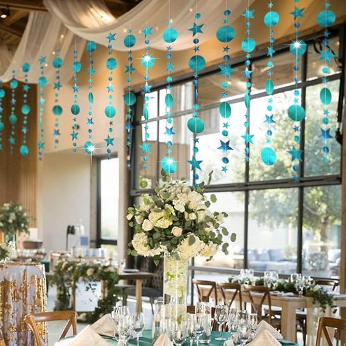 Cheerland Glitter Teal Aqua Blue Party Decorations Hanging Star Circle Garland Birthday Bridal Shower Backdrop Wedding Reception Bachelorette Decor Dot Streamer Graduation Party Under The Sea Theme