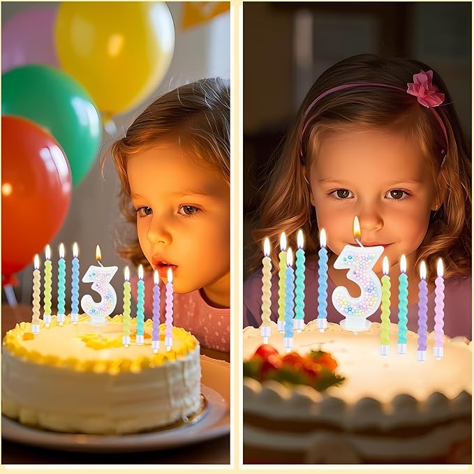 Number Birthday Candle with 12PCS Spiral Candles and A Birthday Card - Perfect for Celebrating Birthdays (Macaron Glitter, Number 3)