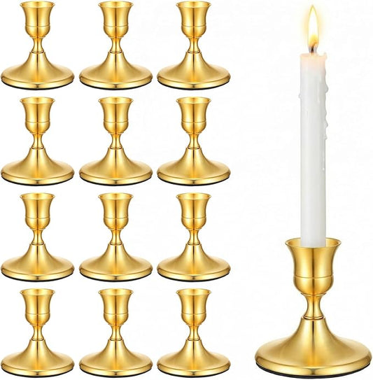 12 Pcs Gold Brass Taper Candle Holders Vintage Metal Candlestick Holders Set for Wedding Table Centerpiece, Christmas Mantel, and Home Decor