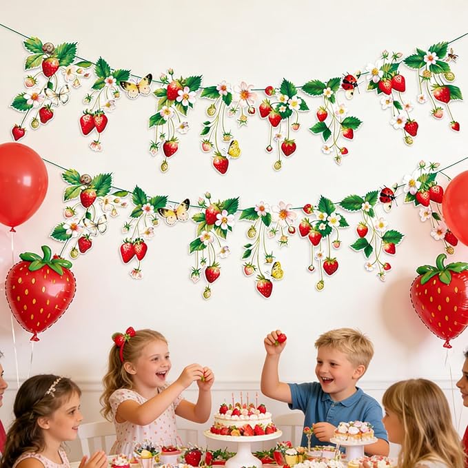 Strawberry Garland Banner Berry First Birthday Decor Strawberry Wildflower for Spring Enchanted Garden Party Strawberry Theme Birthday Decoration for Girl Sweet Baby Shower Spring Garden Tea Party(8.2ft)