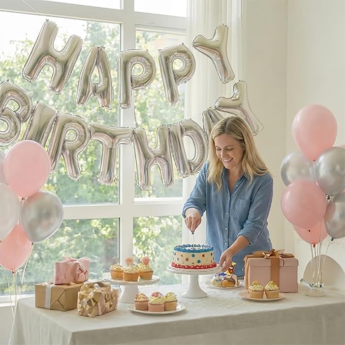 Silver Happy Birthday Banner Foil Letter Balloon, 14 Inch 3D Reusable Inflatable Mylar Balloon Foil Sign, Birthday Decorations for Women Men Boys Girls Kids (Birthday Banner 3)
