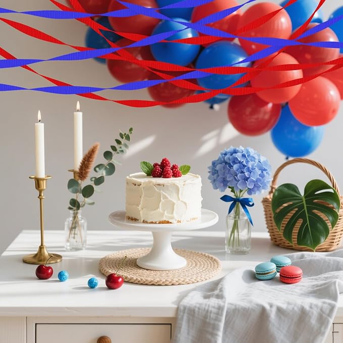 4 Crepe Paper Streamers Rolls, 328ft Pack of Red and Blue Crepe Paper for Birthday Graduation 4th of July Independence Day Baby Shower Wedding Party Decorations (1.8 inch x 82 ft/Roll)