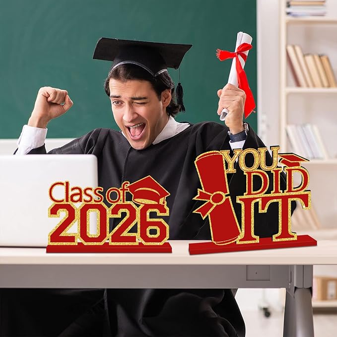4Pcs Red and Gold Graduation Decorations Class of 2026 Congrats Grad Wooden Table Centerpieces Grad Table Toppers Congratulate Tiered Tray Decor for 2026 Graduation Decorations