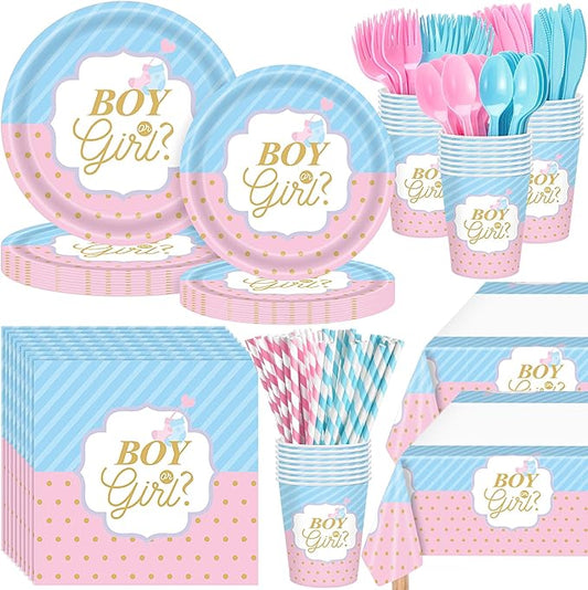 Potchen 452 Pcs Party Supplies Serve 50 Guests, Paper Plates Napkins Cups Cutlery Plastic Tablecloth Dinnerware for Birthday Wedding Party Decoration(Blue and Pink, Boy or Girl)