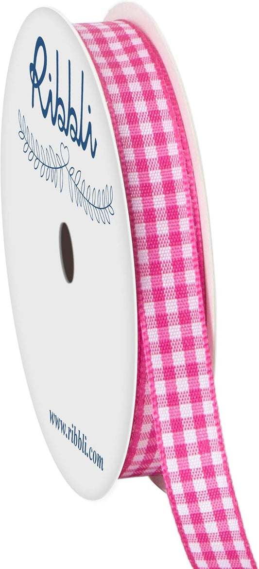 Ribbli Hot Pink and White Gingham Ribbon,100% Polyester Woven Edge,3/8 Inch x 10 Yard,Plaid Ribbon Use for Gift Wrapping,Party Decoration