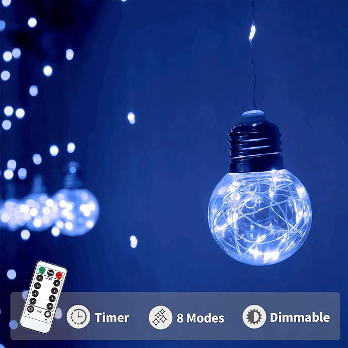 YOLIGHT Wishing Ball Curtain Lights 200 LED Window Curtain String Lights with Remote, USB Battery Powered Twinkle Globe Fairy Lights for Wedding Party Bedroom Christmas Halloween Decoration (Blue)