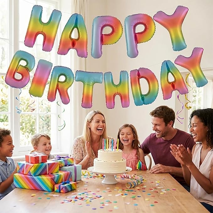 Colorful Rainbow Happy Birthday Banner Foil Letter Balloon, 14 Inch 3D Reusable Inflatable Mylar Balloon Foil Sign, Birthday Decorations for Women Men Boys Girls Kids (Birthday Banner 4)
