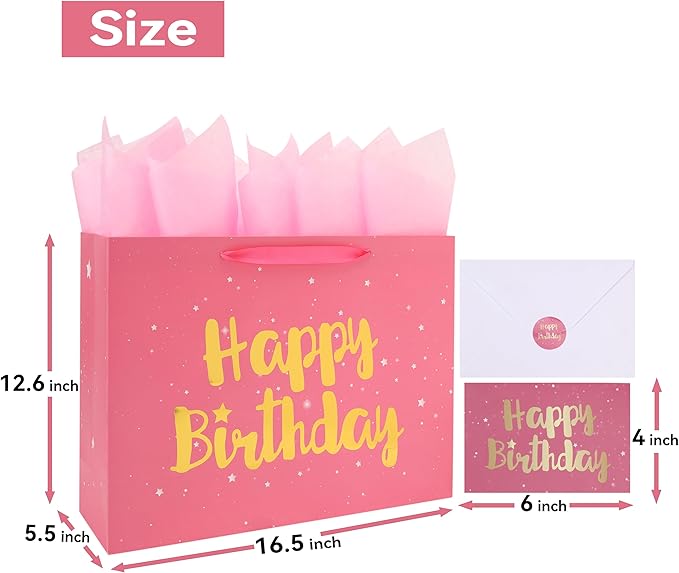 Qirrmiy 16.5” Extra Large Pink Happy Birthday Gift Bag Set with Handles, Greeting Card, Tissue Papers and Stickers for Women Girls Kids, Stars Design, 1 Pcs.