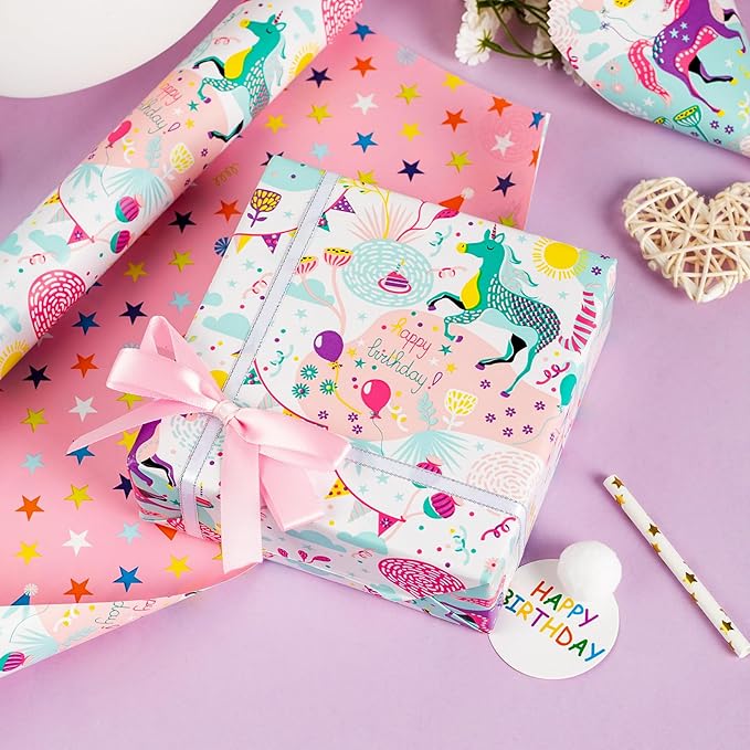 MAYPLUSS Pink Unicorn Gift Wrapping Paper - 17Inch X 33Feet - Enchanting Colorful Unicorn Gift Wrap For Children's Kid's Girl Birthday, Baby Showers, Party, Scrapbook Card Decor Book Cover