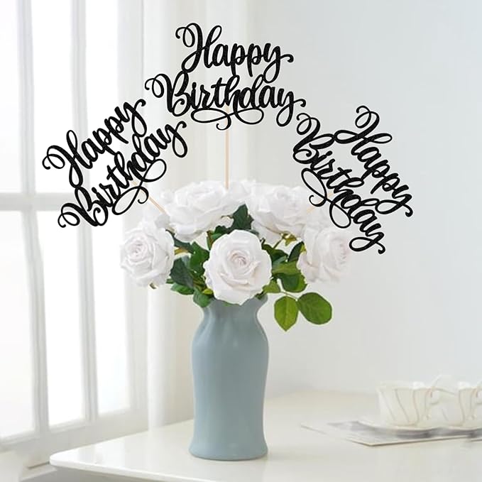 12 PCS Happy Birthday Centerpieces Sticks Double Sided Glitter Birthday Party Decorations Anniversary Table Flower Centerpiece for Celebrating Birthday Party Centerpieces Supplies Black