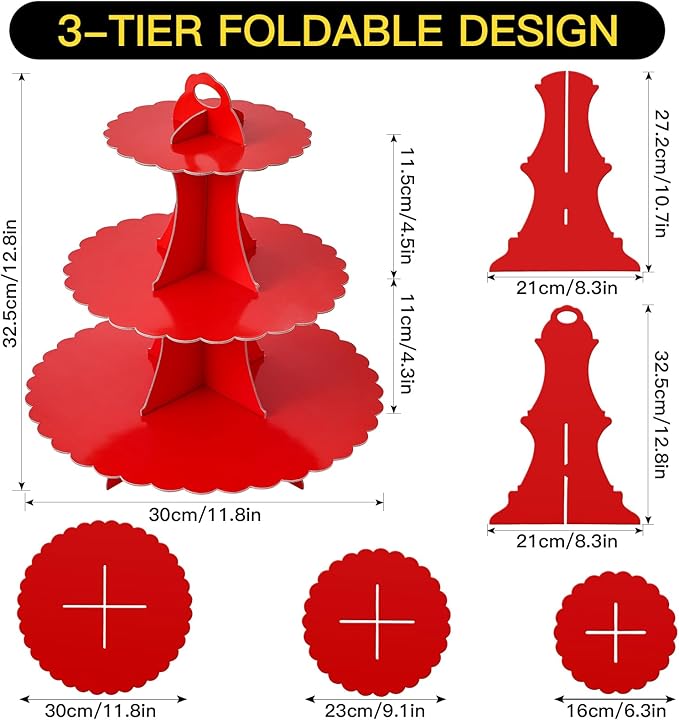 Soleebee 3-Tier Cupcake Stand, Cardboard Cupcake Tower, Dessert Cup Cake Stand Tower for Birthday Wedding Party Decoration, Cupcake Tier Stand 1 Set (Red)