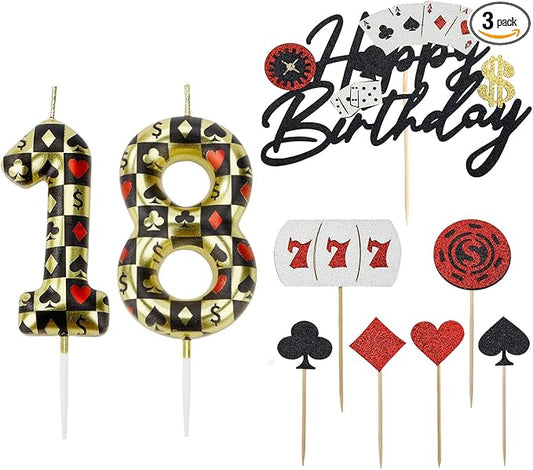 Casino Birthday Number Candles for Cake, Poker Birthday Candles for Casino Themed Birthday Party Decoration, Glitter Casino Birthday Cake Topper for Casino Night Theme Birthday Cake(Number 18 & 81)