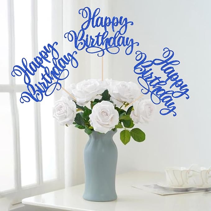 12 PCS Happy Birthday Centerpiece Sticks Double Sided Glitter Happy Birthday Table Flower Centerpieces Decorations for Celebrating Anniversary Theme Party Centerpieces Supplies Dark Blue