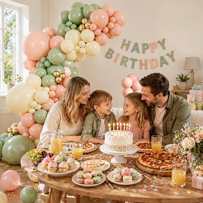 147pcs Pink and Green Balloon Arch Garland Kit, 5 10 12 18inch Sage Green Light Pink Sand White Gold Latex Balloons for Woodland Jungle Birthday Party Baby Shower Decorations