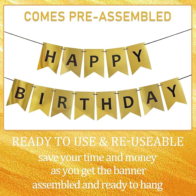Gold Happy Birthday Banner,Pre-Strung Gold and Black Birthday Party Decorations,16ft Hanging Sign for Kids, Girls, Boys, Women – No DIY, Backdrop Supplies
