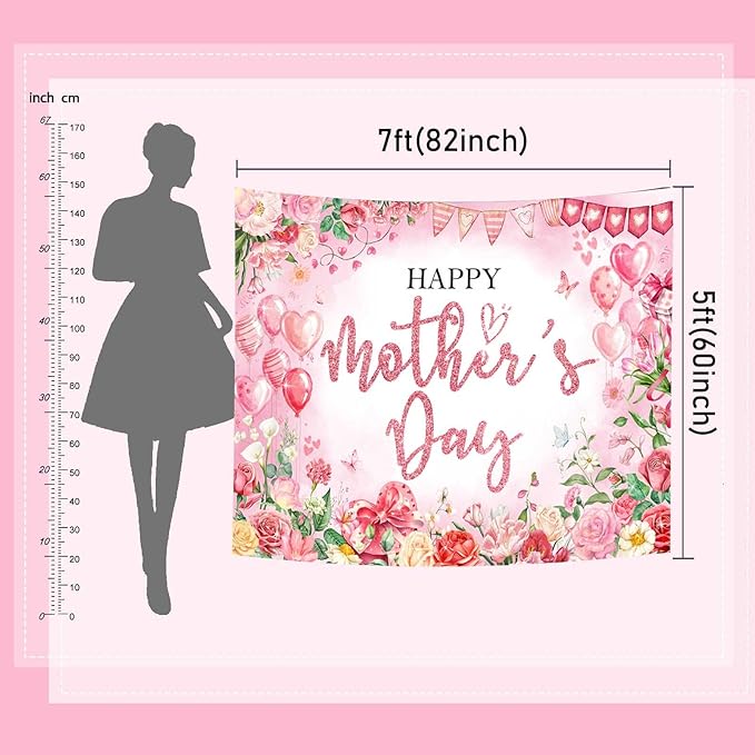 Mocsicka Happy Mother's Day Bakcdrop Pink Floral Mothers Day Party Decorations Banner for Women Festival Birthday Party Background Supplies Photo Booth Props (Pink, 8x6ft(96"x72"))