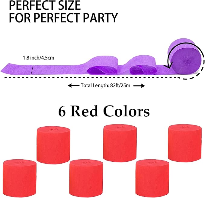 6 Rolls 492ft Colorful Crepe Paper Streamers,Pack of Paper Party Streamers for Red Party Decorations,Birthday Decorations, Wedding Decorations (1.8 Inch x 82 Ft/Roll)
