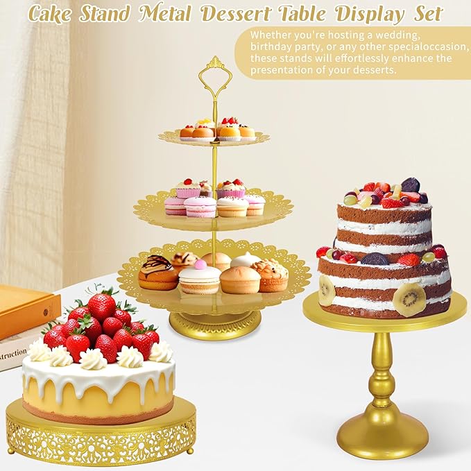 Fivenl 8 Pcs Cake Stand Gold Metal Dessert Table Display Set, 3-Tier Cupcake Stand, Cake Display Tower and Cookie Tray Rack Serving Tray for Birthday Party, Weddings, Baby Shower (Gold)