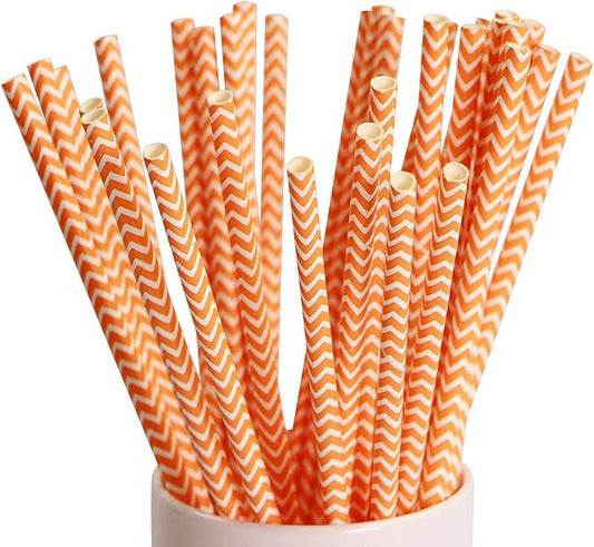 Webake 100 Pack Chevron Paper Straws Wave Patterned Drinking Straws Bulk 7.75 Inch Disposable Biodegradable Restaurant Supplies for Thanksgiving Table Decor Orange Striped