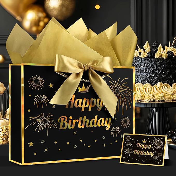 JMANNI Black Gold Happy Birthday Gift Bag with Card and Tissue Paper, 12.6"×9.84"×3.9" Elegant Present Bag for Men Women, Year Old Birthday Keepsake Party Supplies