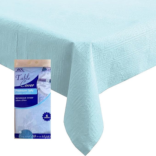 [6 Pack] Light Blue Paper Tablecloth Disposable for Rectangle Tables, 54 X 108 Inch Party Table Cover with Plastic Backing, Waterproof 3 Ply Table Cloth for Spring Easter Wedding Baby Shower Garden
