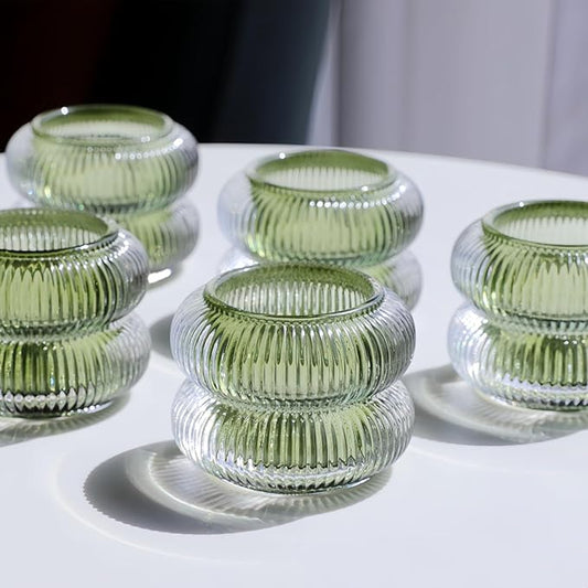 Woho Ribbed Glass Votive Candle Holders Set of 6, Vintage Tealight Candle Holder for Wedding Decor, Elegant Tea Lights Candle Holder for Dinner Table/Christmas Decorations(Green, 2.1" H X 2.75" D)