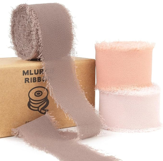 Dusty Rose Chiffon Ribbon 1 Inch x 21Yds Handmade Fringe Chiffon Silk Ribbon Brown/Peach/Pink Frayed Chiffon Ribbon for Gift Wrapping Wedding Invitation Bridal Flower Bouquets