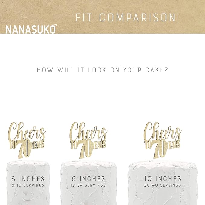 70th Birthday Cake Topper - Cheers to 70 years - Double Sided Gold Glitter, Premium quality Made in USA