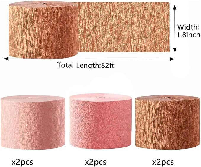 We Moment Rose Gold Pink and Dusty Pink Crepe Paper Streamers 1.8 Inch Widening 6 Rolls,Rose Gold Streamer 82 feet per roll for Wedding Birthday Bachelorette Bride to Be Party Decorations