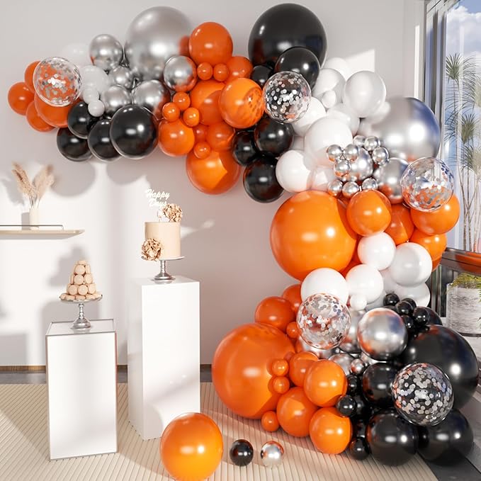 MEBAY Orange Black White and Metallic Silver Balloons Garland Arch Kit, 146 Pcs Latex Balloons with Confetti for Birthday Party Graduation Father's Day Anniversary Bachelorette Party Decoration