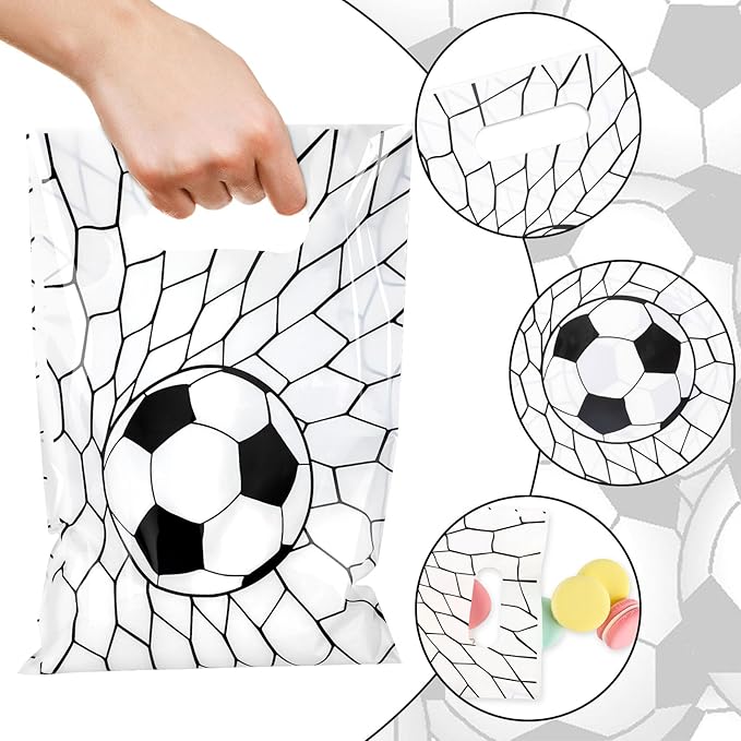 Hxezoc 50 Pieces Soccer Gift Bags Plastic Treat Bag Sport Theme Goodie Bags Soccer Candy Wrap with Handles Party Favor Bags For Kids Birthday Party Decoration Supplies