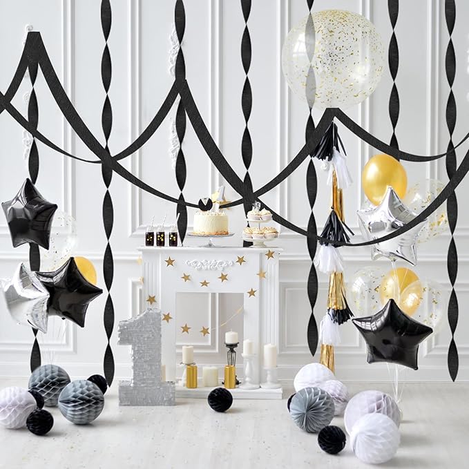 8 Rolls Black Crepe Paper Streamers Black Party Streamers Photo Booth Backdrop for Birthday Wedding Graduation Halloween New Year Holiday Decorations（Total 656ft,1.8Inch x 82Ft/Roll）