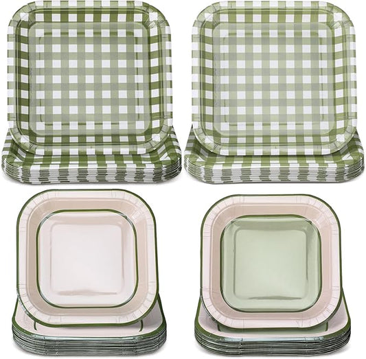 Pickmesh 100 Pcs Sage Green Camp Gingham Paper Plates Disposable Scalloped Plaid Plates Camp Bachelorette Party Supplies Checkred Dinner Dessert Tableware for Witch Wedding Birthday Baby Bridal Shower