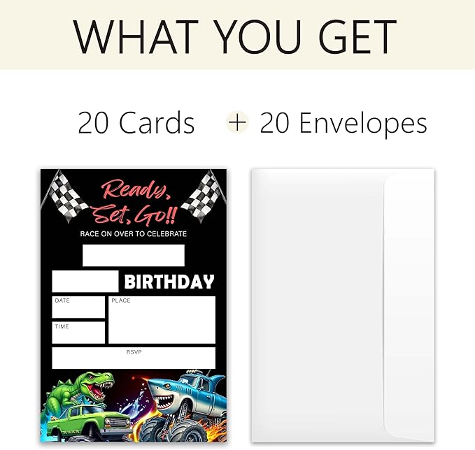 Race Car Birthday Party Invitations – Ready, Set, Go! – 20 Invitation Cards 4"x6" with Envelopes for Fun-Filled Birthday Celebrations.(013)