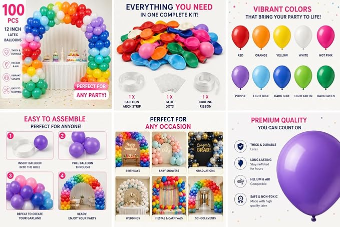 100 Pack Balloon Arch Kit – 12 Inch Assorted Rainbow Latex Balloons with Arch Strip, Glue Dots & Ribbon – Balloon Garland Decoration Set for Birthday, Baby Shower, Graduation & Party Decor