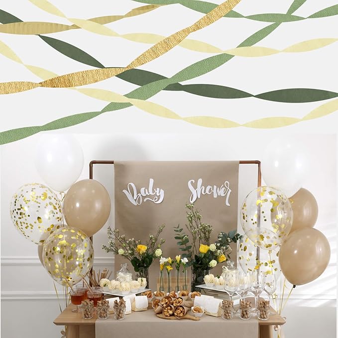 Birthday Baby Shower Decorations, Sage Green Gold Crepe Paper Streamers Party Decorations(5 Rolls) for Camp Bachelorette, Bridal Shower,Engagement Woodland Safari Boho Party Decor Women Adults