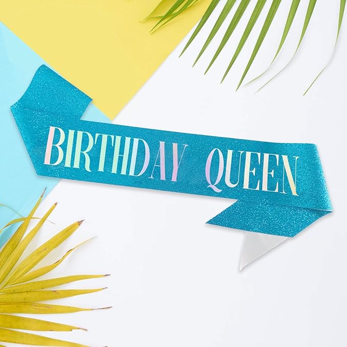 Birthday Queen Sash, Dazzle Foil Letter Glitter Teal Blue Birthday Sash for Women Girl 21st 30th 40th 50th 60th Gifts Funny Bday Gifts Party Favors Photo Prop