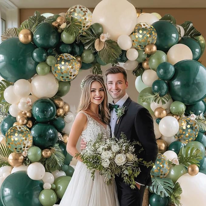 Emerald Green White Gold Balloons Arch Kit,Double Stuffed Dark Green Sage Dusty Olive Green Sand White Beige Chrome Gold Confetti Balloon for Birthday Graduation Wedding jungle Safari Party Decoration