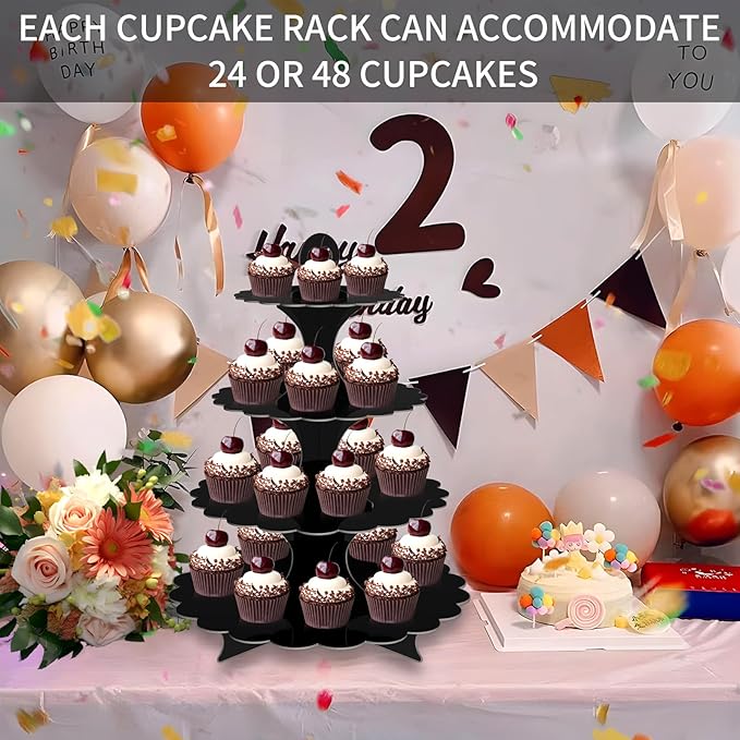 4-Tier Round Black Cupcake Stand, 2 Pack – Elegant Dessert Display for Weddings, Parties, Birthdays