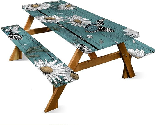 ANNA QUEEN 6FT Blue Daisies Picnic Table Cover with Bench Covers Spring Picnic Table Cover Set 3PCS 72"x30", Waterproof Outdoor Bench and Tablecloth Furniture Protection for Camping Beach BBQ Patio