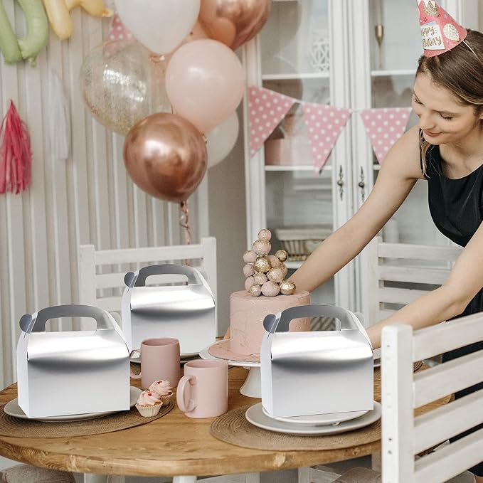 30-Pack Silver Party Favor Treat Boxes, Goodie Boxes, Gable Paper Gift Boxes with Handles. Perfect for Wedding, Birthday, Graduation, Babyshower.