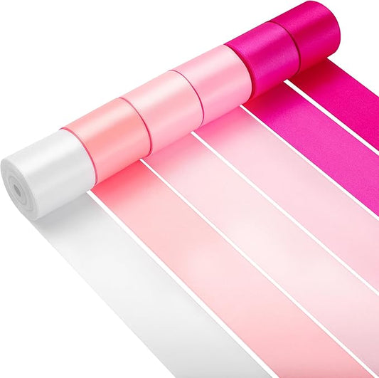 LIUYAXI Pink Double Face Satin Ribbon 2 Inch x 6 Rolls Total 60 Yards- White Pink Ribbon for Gift Wrapping, Crafts, Flower Bouquets, Hair Bows, Wedding,Valentine's Day