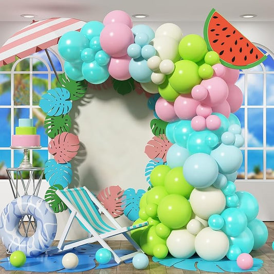 HILAVO Summer Tropical Balloon Arch Kit Hawaiian Pearl Teal Blue Lime Green Pastel Pink Blue Ivory Colorful Balloons Garland for Hawaiian Luau Aloha Pool Beach Birthday Baby Shower Party Decorations