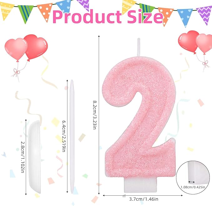 Pink Number Birthday Candles, Romantic Cake Glitter Pink Number Candles Anniversary Cake Topper Decoration Cute Birthday Party Supplies for Wedding Anniversary Celebration Supplies (2)